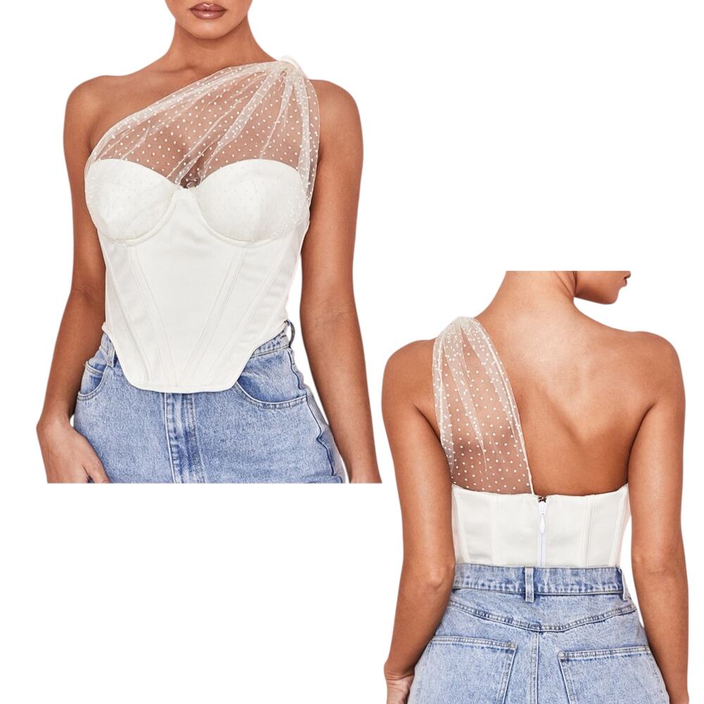 House of CB Women's 'Kim' Draped Tulle Mesh Satin Corset Top Ivory White, Medium